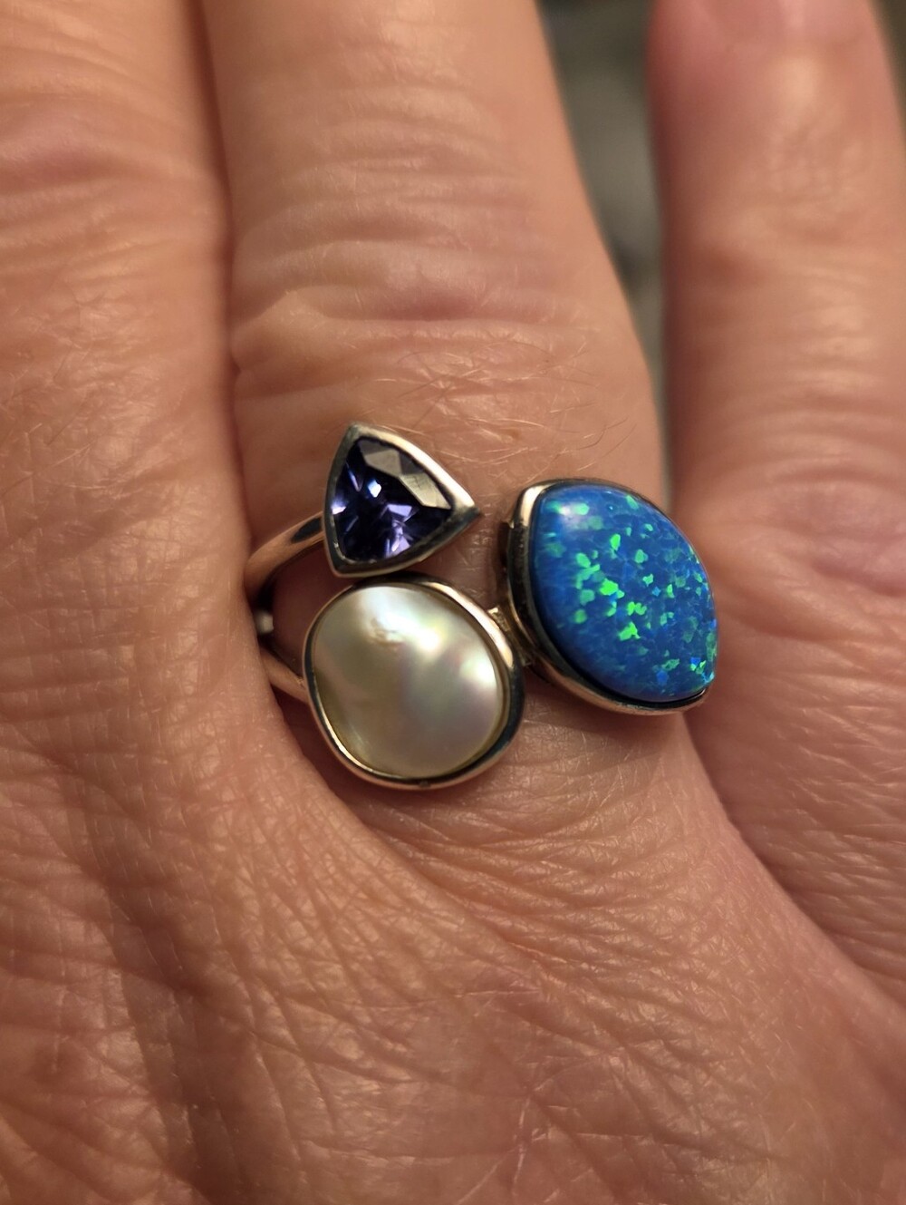 Sterling Silver Pearl, Iolite and Blue Opal Ring - Women Jewelry